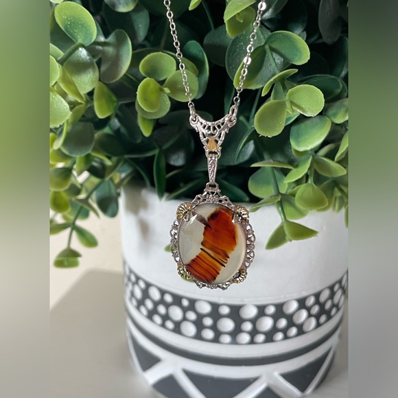 Vtg Art Deco Era Dendritic Moss Agate Two Tone Sterling Silver Lavalier Necklace - Picture 1 of 6